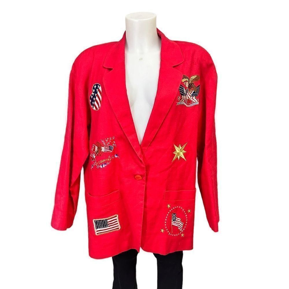 ADAM DOUGLASS Red Vintage Linen Blazer‎ Patriotic My Country Flag Embroidery XL